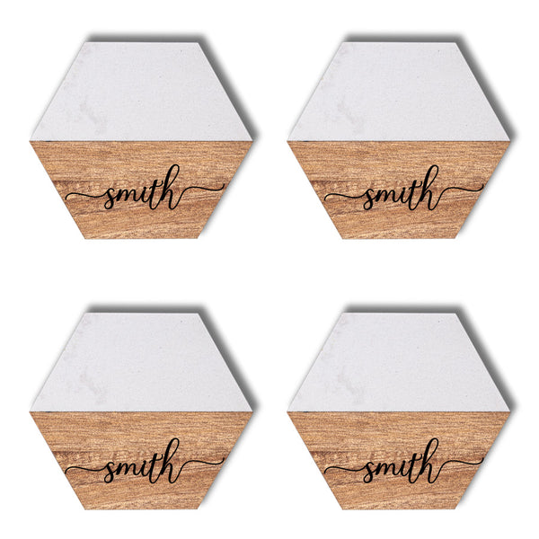 Personalized Coasters | Marble & Acacia - Black Diamond Laser Design