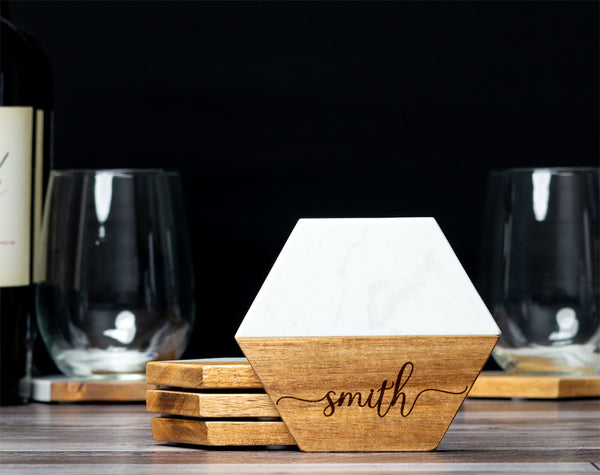 Personalized Coasters | Marble & Acacia - Black Diamond Laser Design
