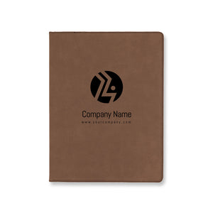 Brown notebook with a black logo and text on a white background