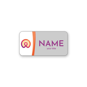large full-color printed name badge on white background