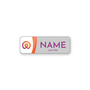 full-color printed name badge on white background