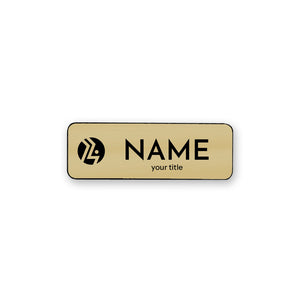 Gold name tag with laser engraved logo and name