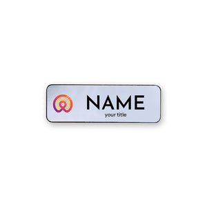 Silver name tag with printed logo and name